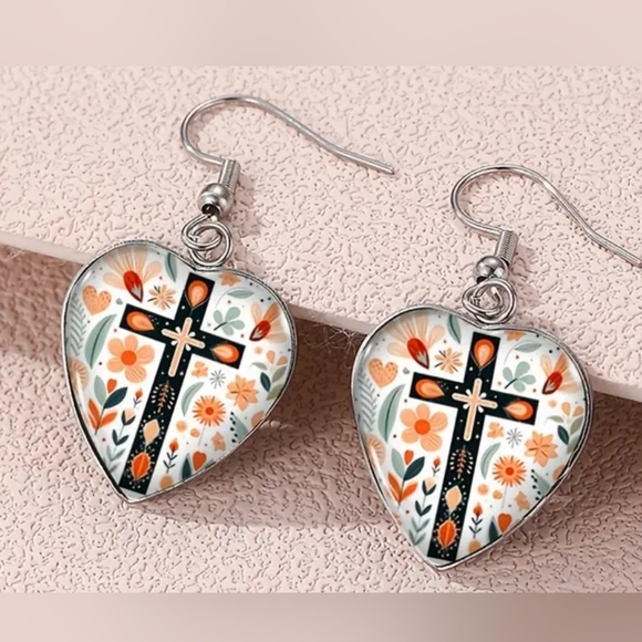 Colorful earrings Heart-Shaped Floral Cross Crystal Glass - Picture 1 of 6